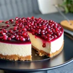 Slice of creamy pomegranate cheesecake topped with fresh ruby-red arils