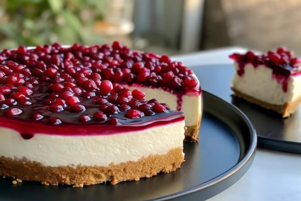 Slice of creamy pomegranate cheesecake topped with fresh ruby-red arils