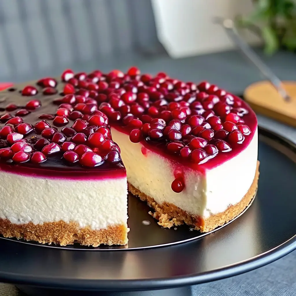 Slice of creamy pomegranate cheesecake topped with fresh ruby-red arils