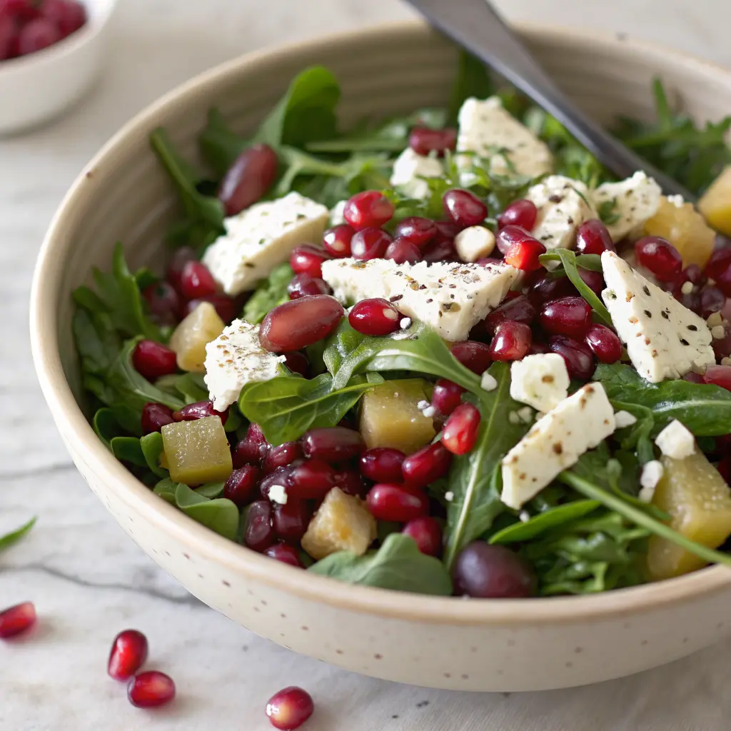 Colorful pomegranate and feta salad topped with nuts and fresh greens