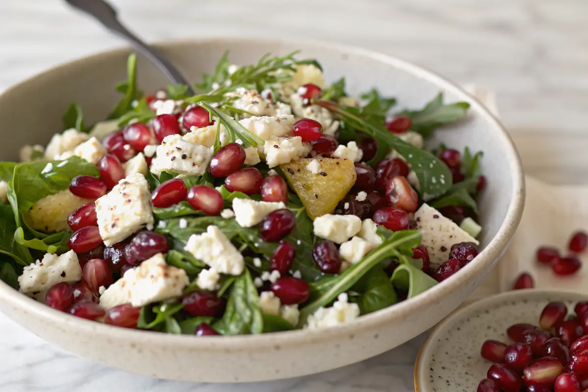 Colorful pomegranate and feta salad topped with nuts and fresh greens