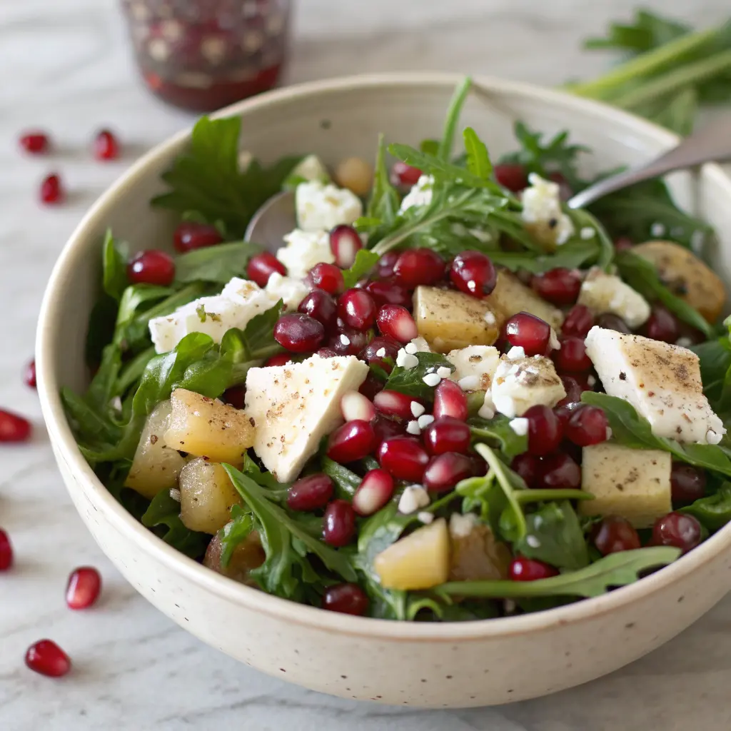 Colorful pomegranate and feta salad topped with nuts and fresh greens