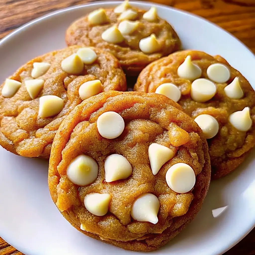 Soft pumpkin white chocolate chip cookies stacked on a cooling rack