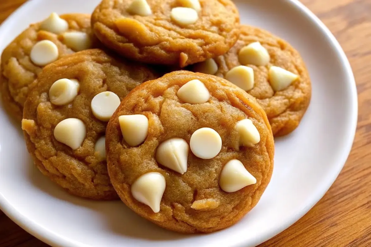 Soft pumpkin white chocolate chip cookies stacked on a cooling rack
