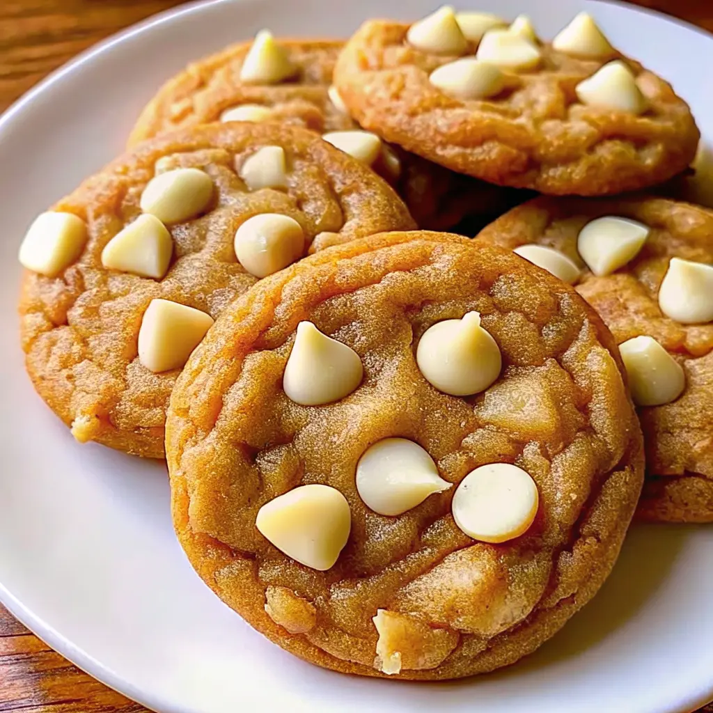 Soft pumpkin white chocolate chip cookies stacked on a cooling rack
