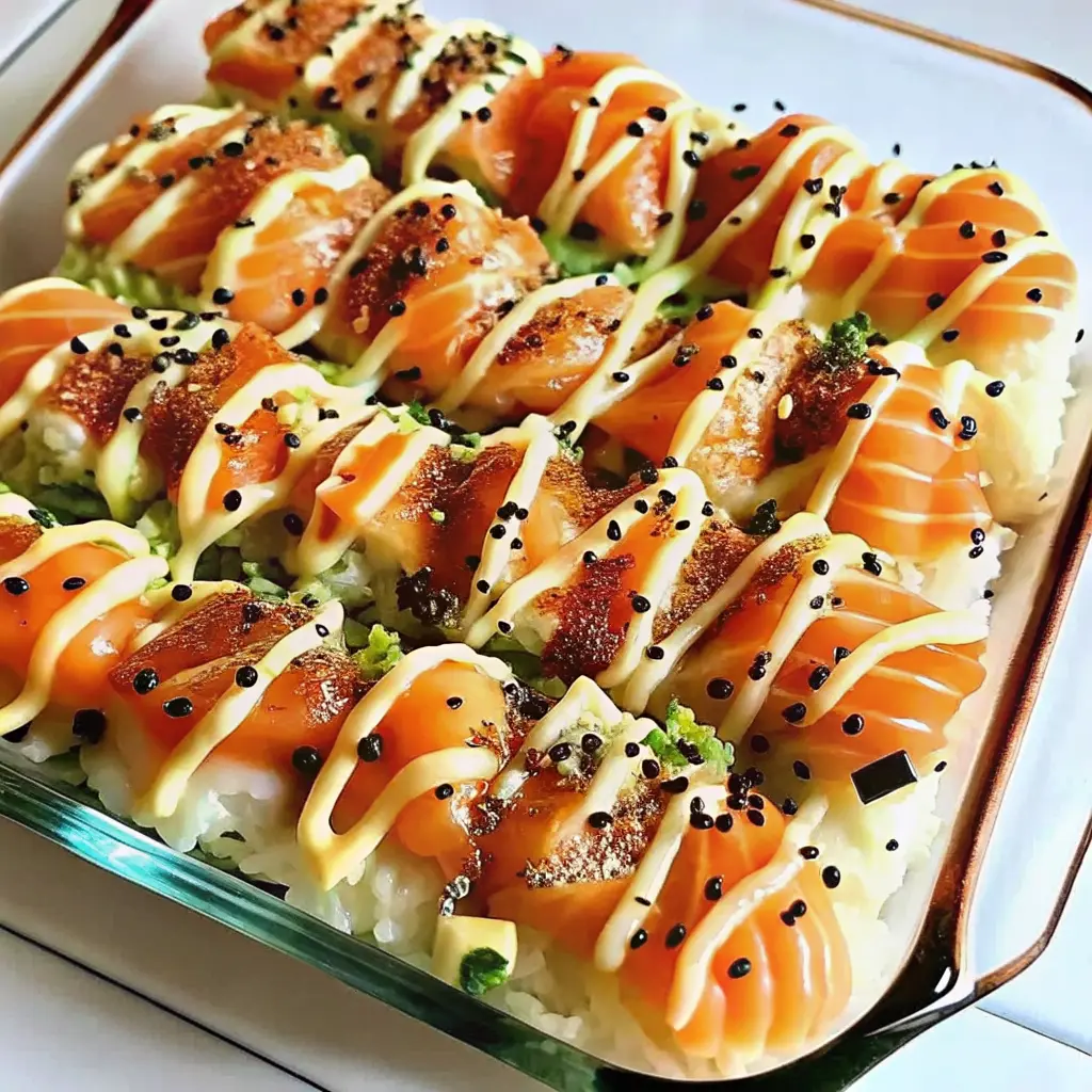 Salmon Sushi Bake in casserole dish with furikake and avocado toppings