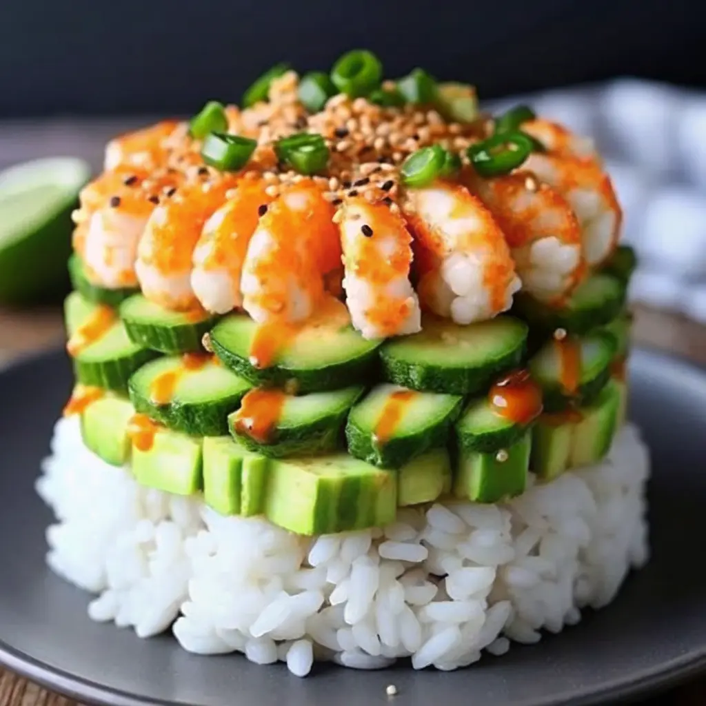 Shrimp Sushi Stack Recipe layered with avocado, cucumber, and spicy mayo drizzle