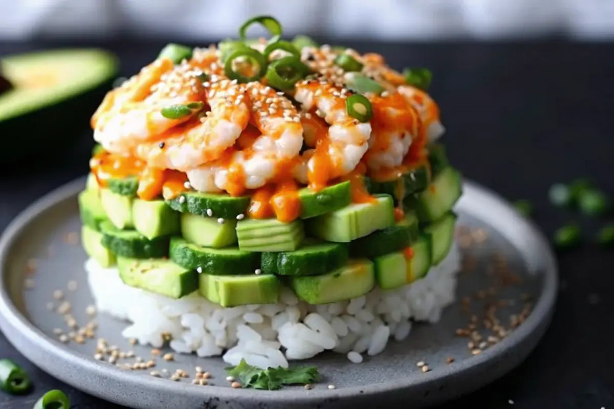 Shrimp Sushi Stack Recipe layered with avocado, cucumber, and spicy mayo drizzle