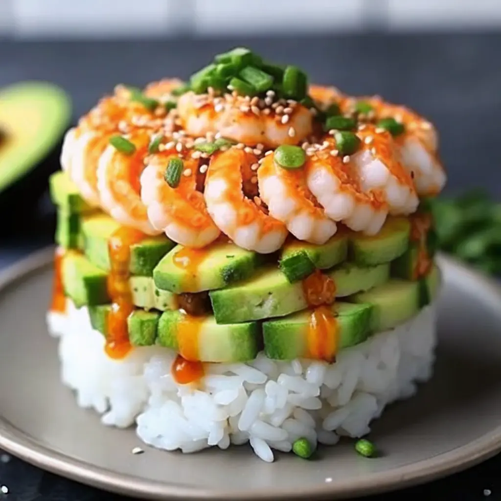Shrimp Sushi Stack Recipe layered with avocado, cucumber, and spicy mayo drizzle