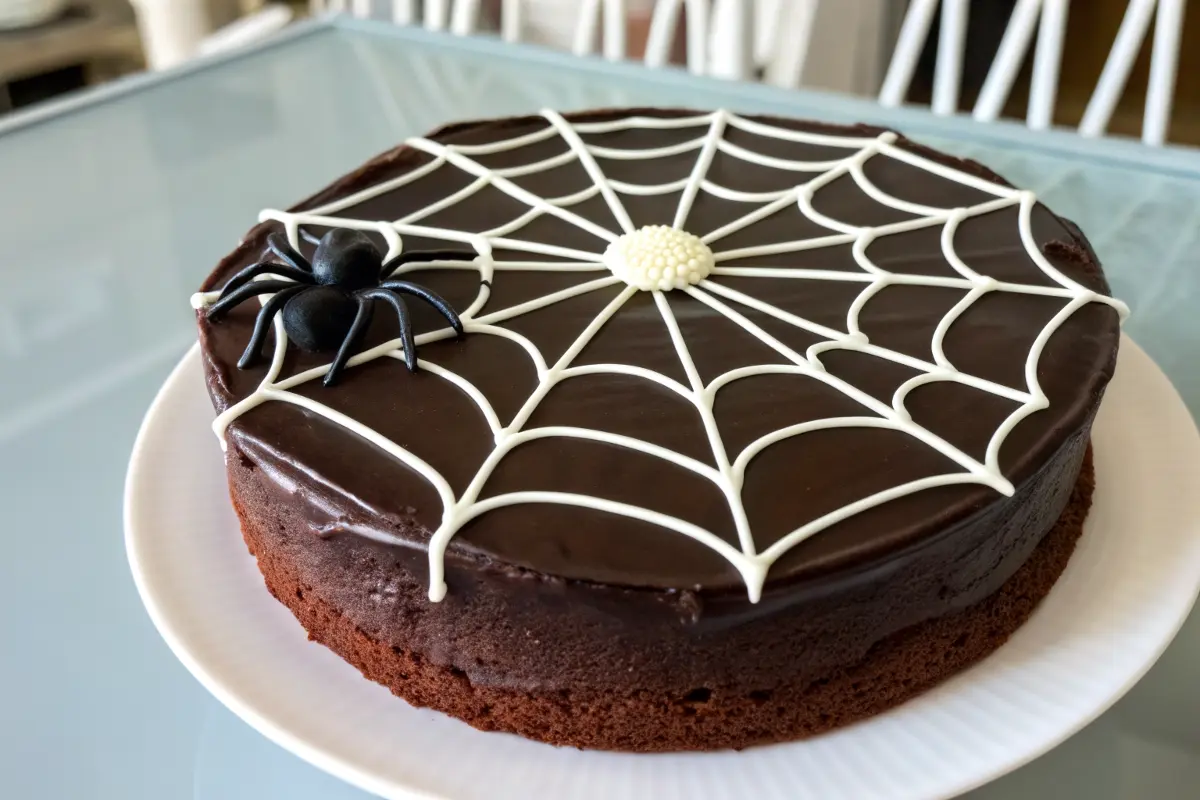 Black buttercream cake with white Spiderweb Cake Recipe decoration
