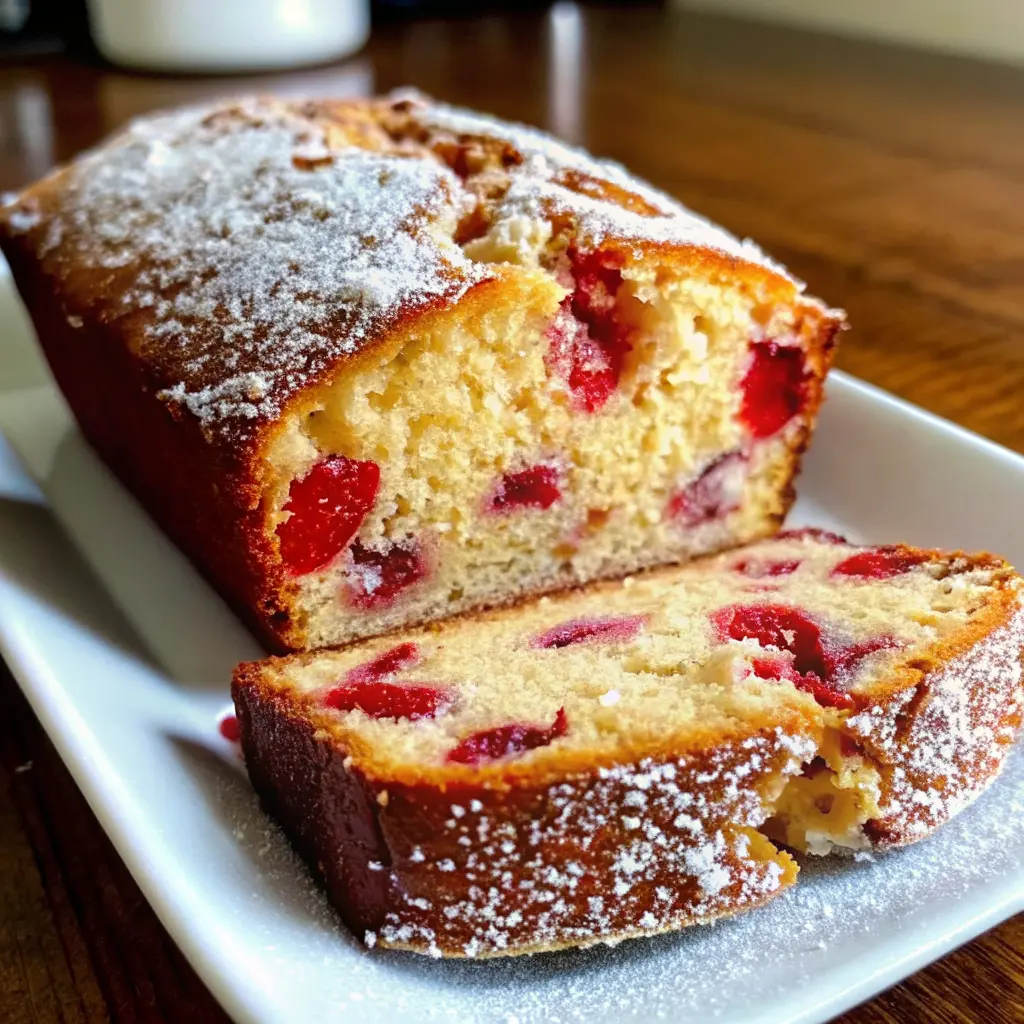 Freshly baked strawberry bread loaf with glaze and sliced strawberries