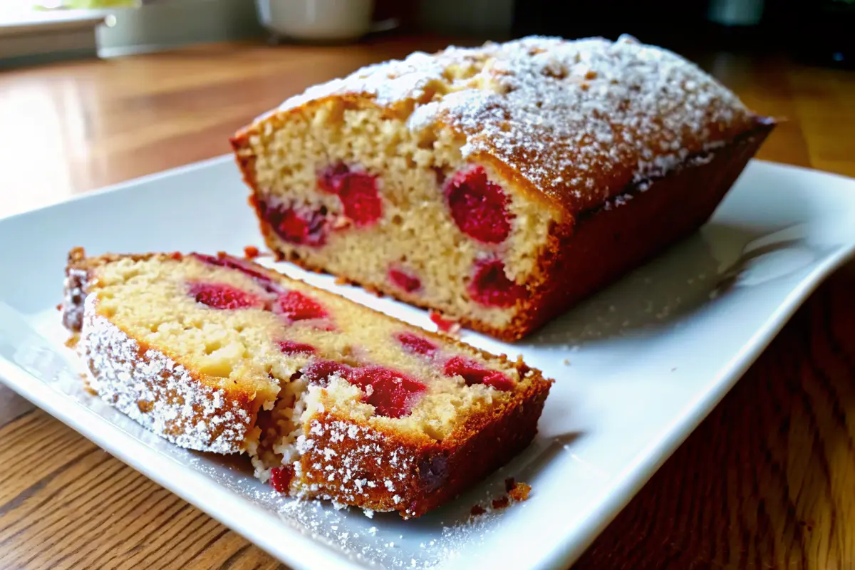 Freshly baked strawberry bread loaf with glaze and sliced strawberries Strawberry Bread Recipe