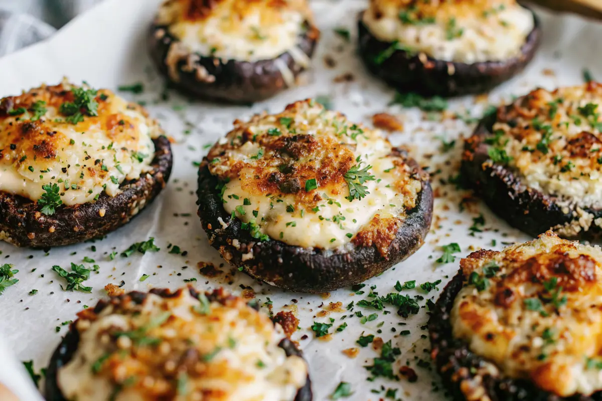 Delicious stuffed portobello mushrooms filled with savory ingredients, baked until golden and ready to serve.