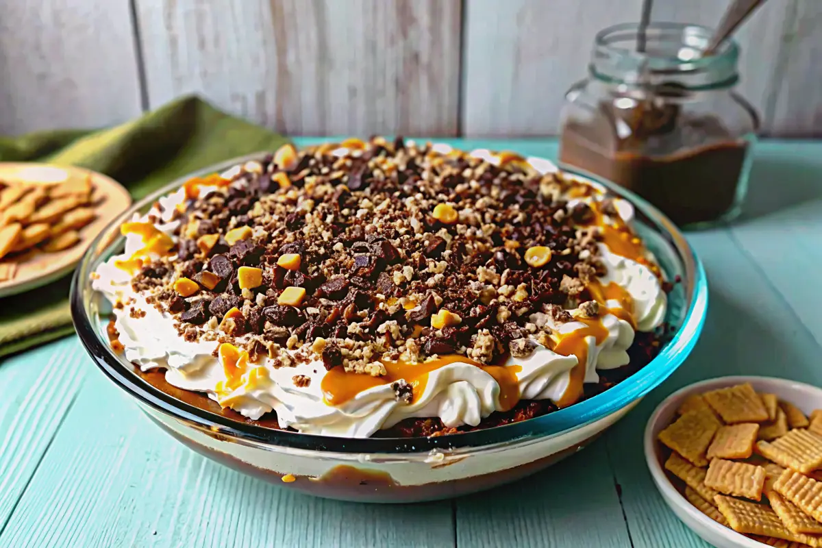 Turtle Cheesecake Dip topped with caramel drizzle, melted chocolate, and pecans served with graham crackers
