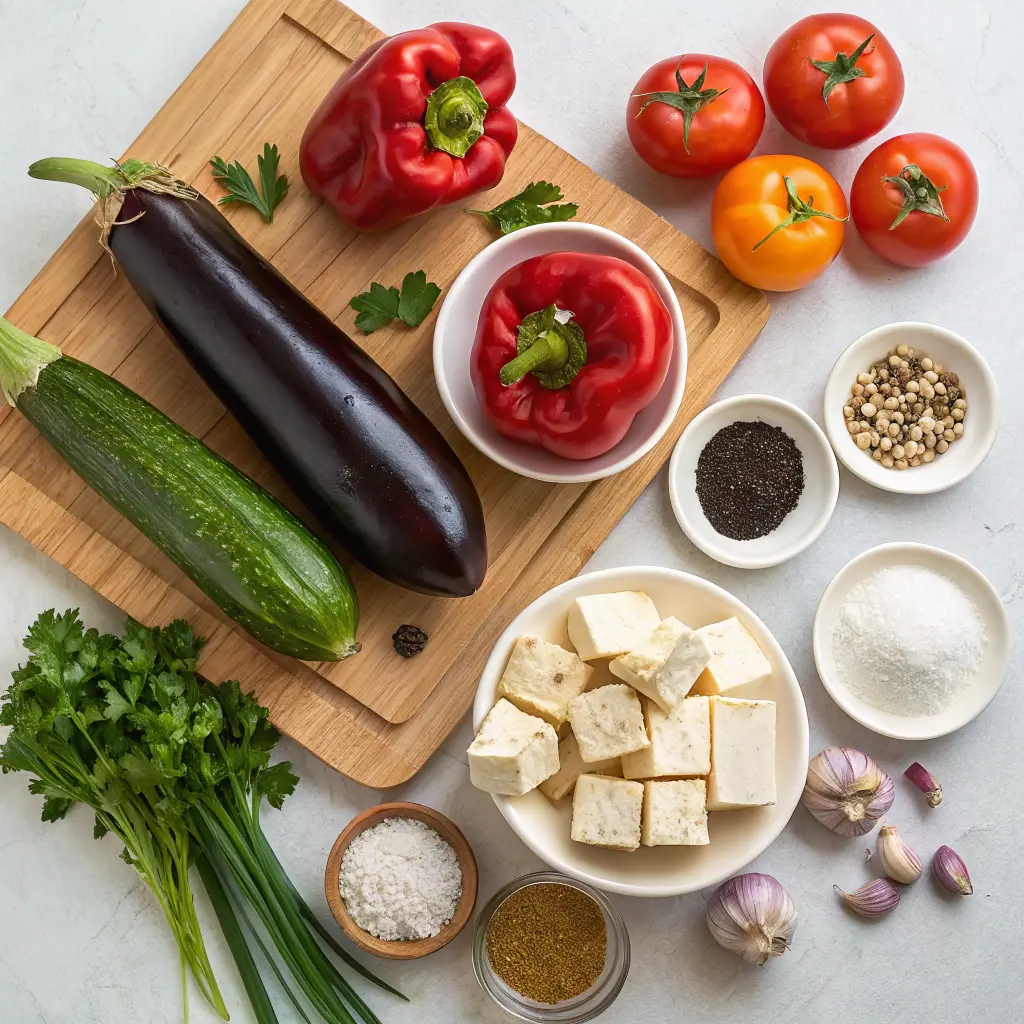 Vegan stuffed eggplant baked with grains, vegetables, and herbs