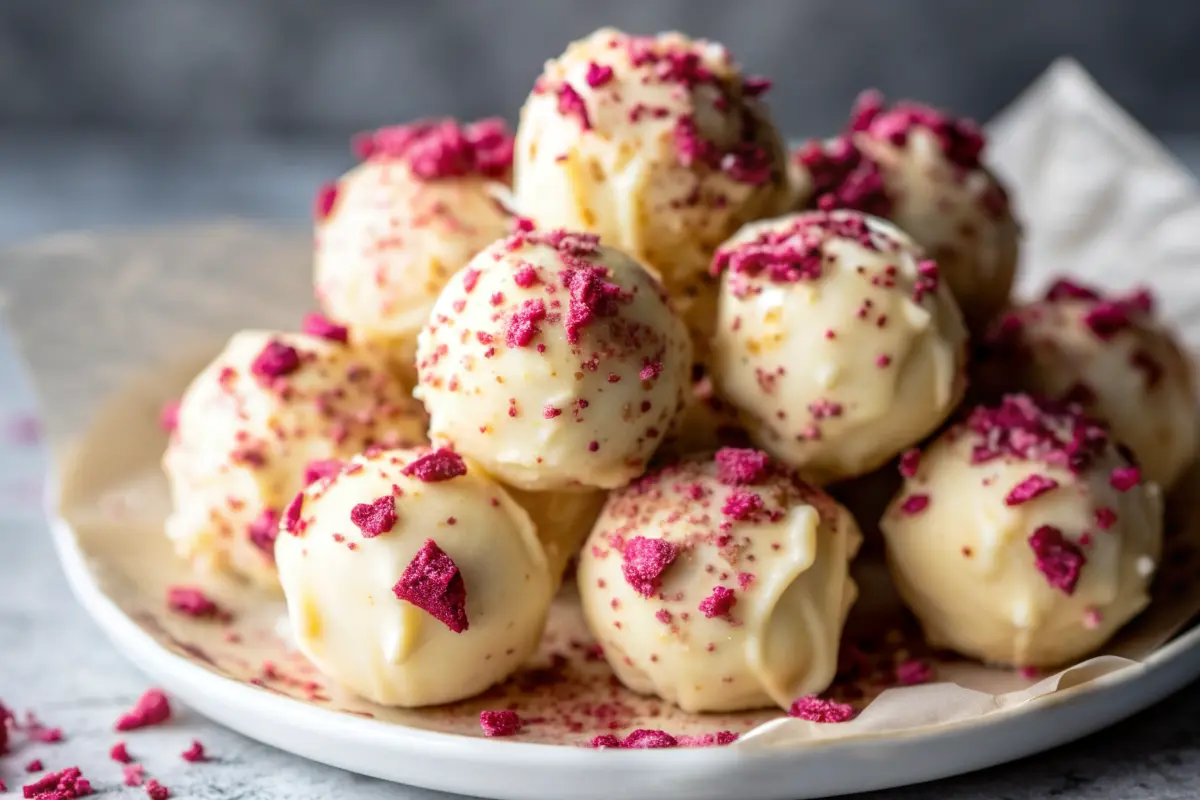 Homemade white chocolate raspberry truffles coated with raspberry dust and white chocolate drizzle.