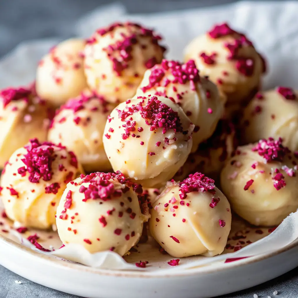 Homemade white chocolate raspberry truffles coated with raspberry dust and white chocolate drizzle.