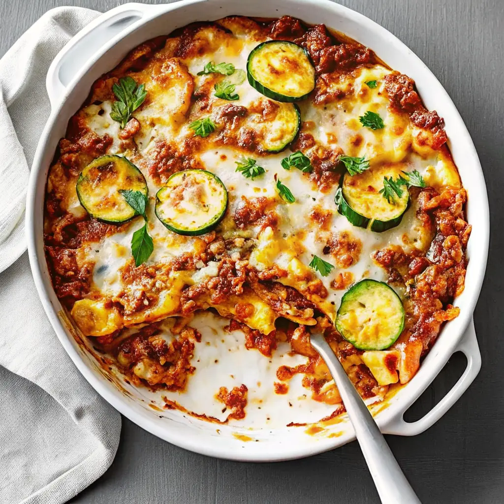 Cheesy zucchini pizza casserole in baking dish