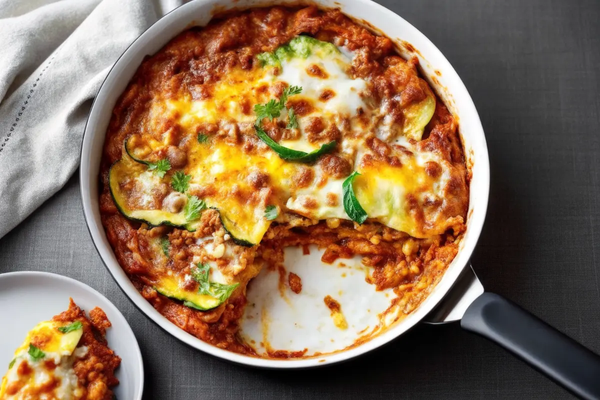 Cheesy ultimate zucchini pizza casserole in baking dish