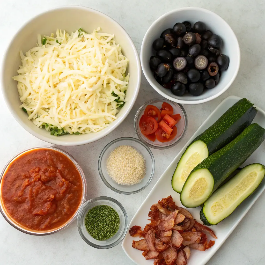 Cheesy zucchini pizza casserole in baking dish