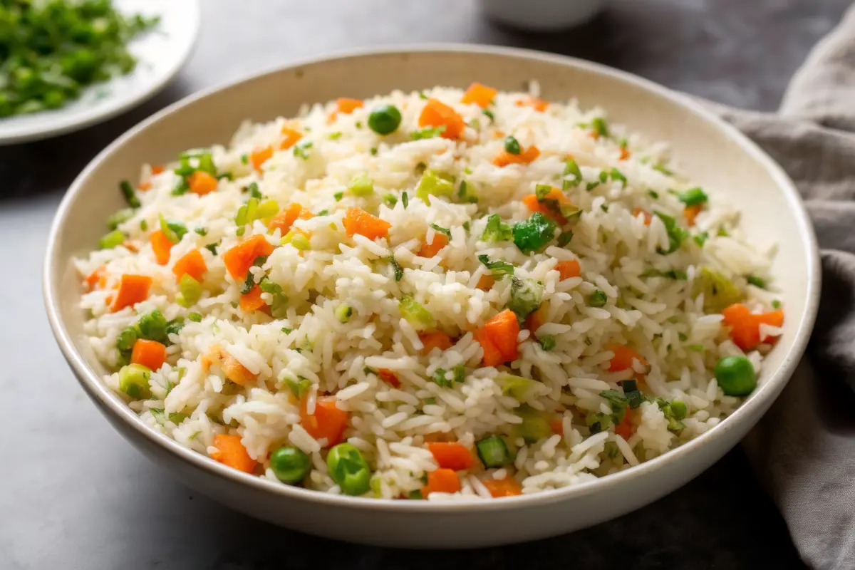 Fluffy vegetable rice pilaf recipe with herbs and colorful vegetables