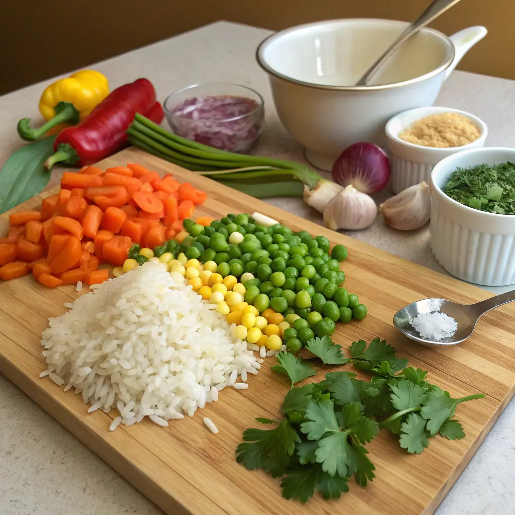 Fluffy vegetable rice pilaf with herbs and colorful vegetables