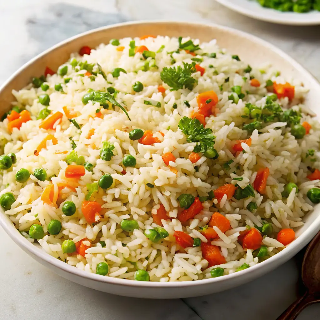 Fluffy vegetable rice pilaf with herbs and colorful vegetables