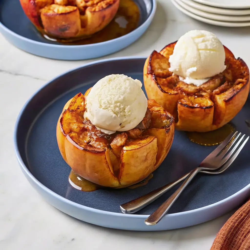 Baked Bloomin Apples with caramel sauce and melting vanilla ice cream
