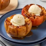 Baked Bloomin Apples Recipe with caramel sauce and melting vanilla ice cream