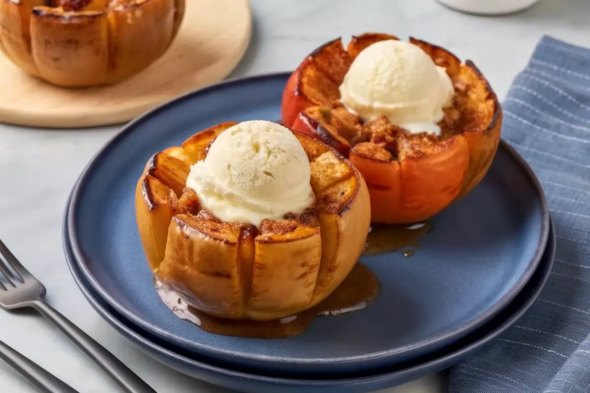 Baked Bloomin Apples Recipe with caramel sauce and melting vanilla ice cream