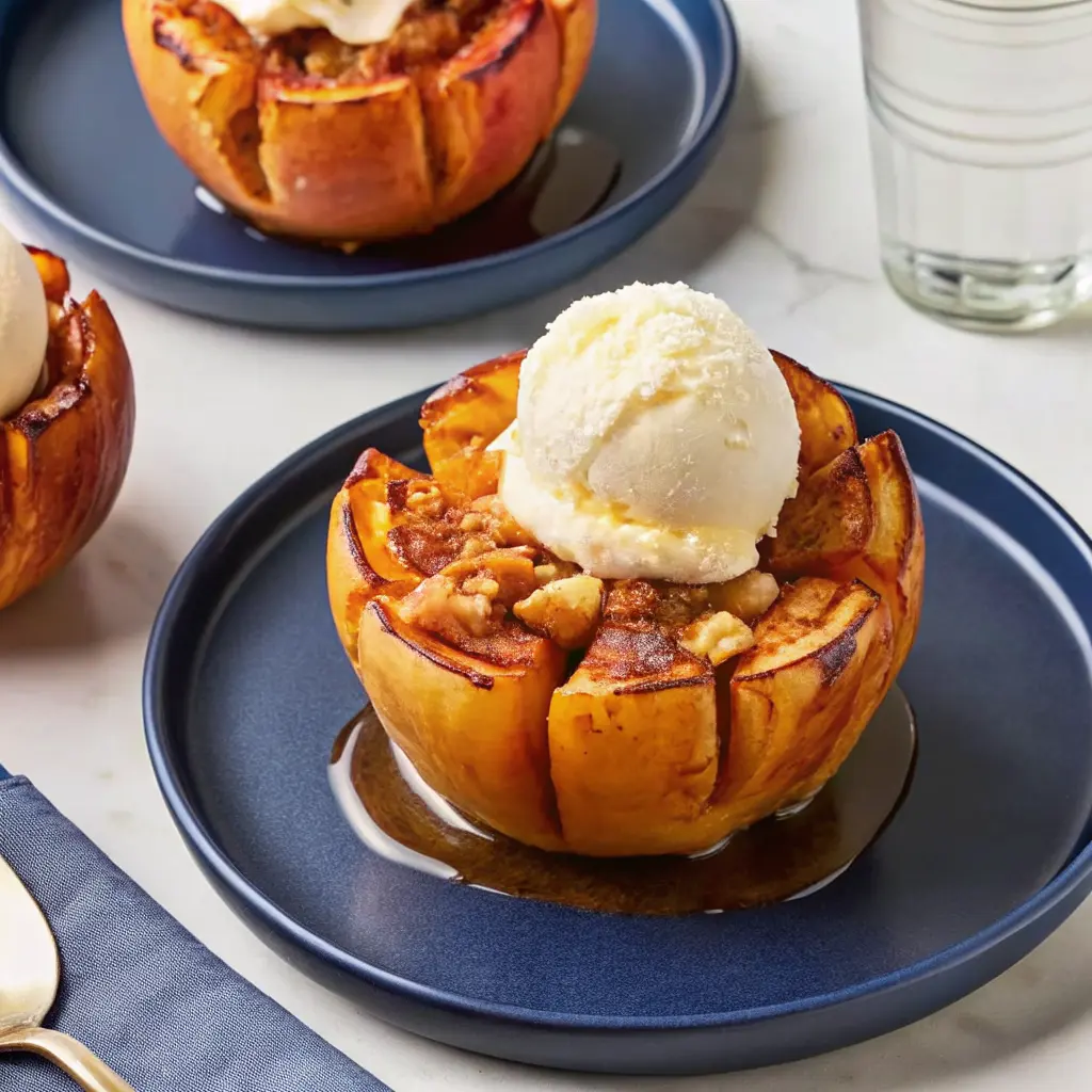 Baked Bloomin Apples with caramel sauce and melting vanilla ice cream