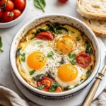 Baked Feta Eggs Recipe with jammy yolks, feta and tomatoes in a skillet