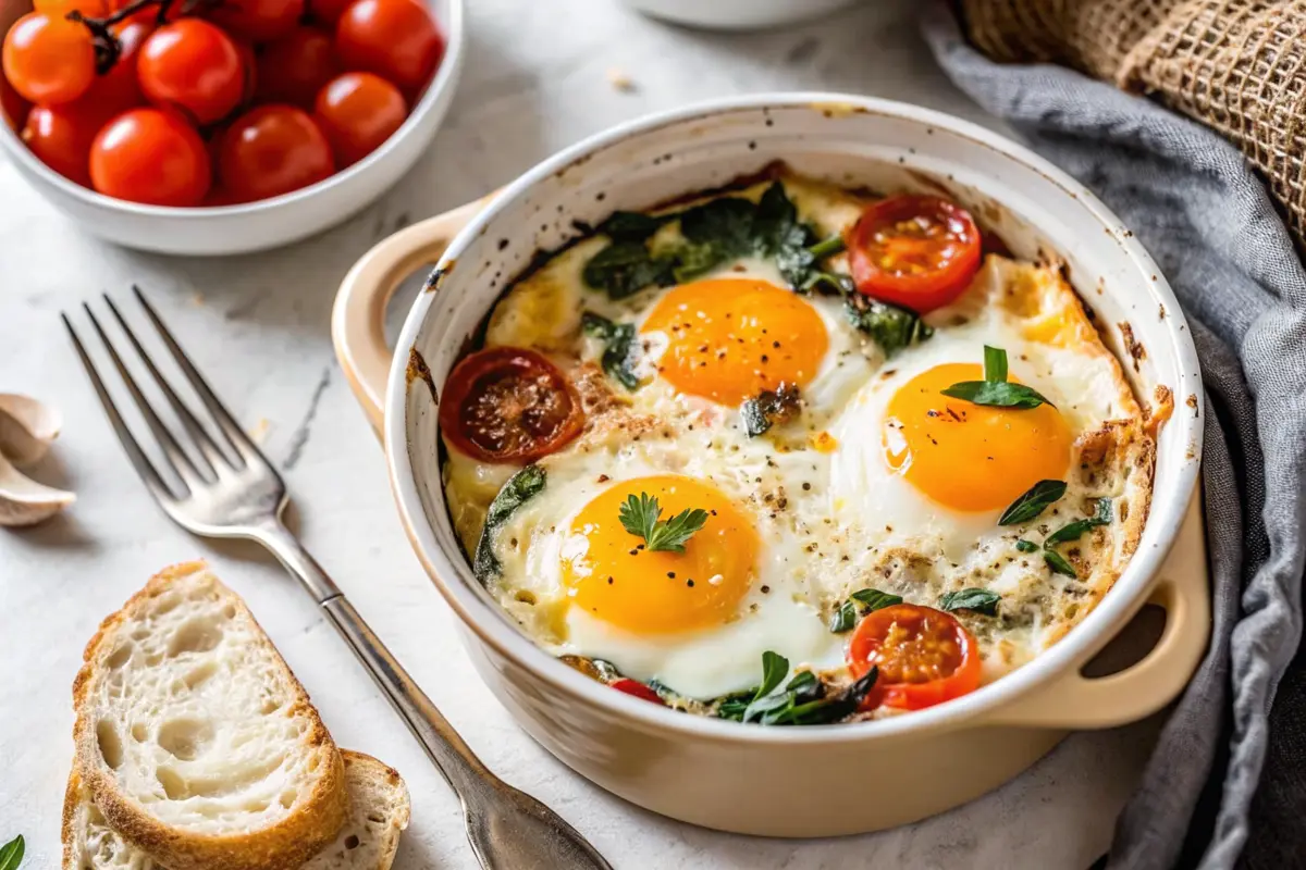 Baked Feta Eggs Recipe with jammy yolks, feta and tomatoes in a skillet