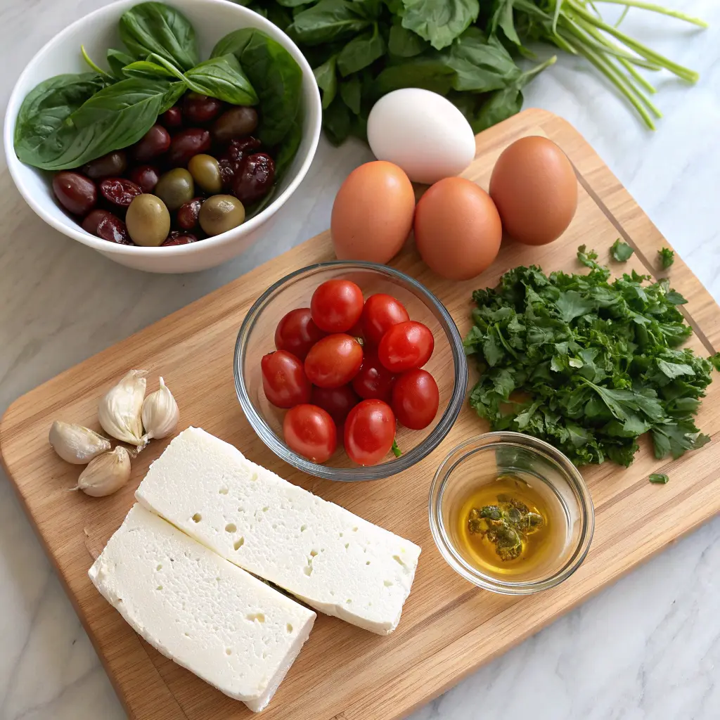 Baked Feta Eggs Recipe with jammy yolks, feta and tomatoes in a skillet