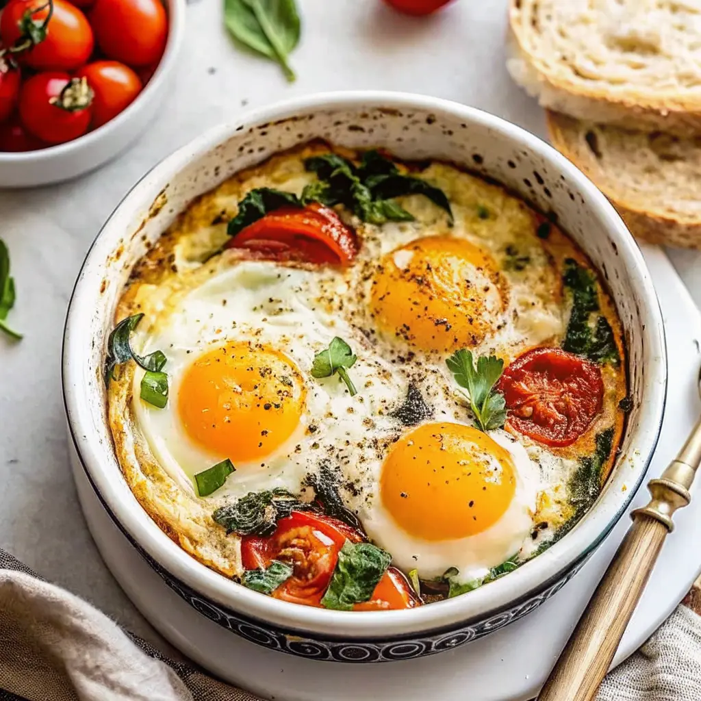Baked Feta Eggs Recipe with jammy yolks, feta and tomatoes in a skillet