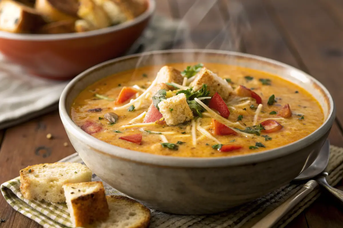 Banana Pepper Stuffed Soup Bowl with melty mozzarella in a toasted bread bowl