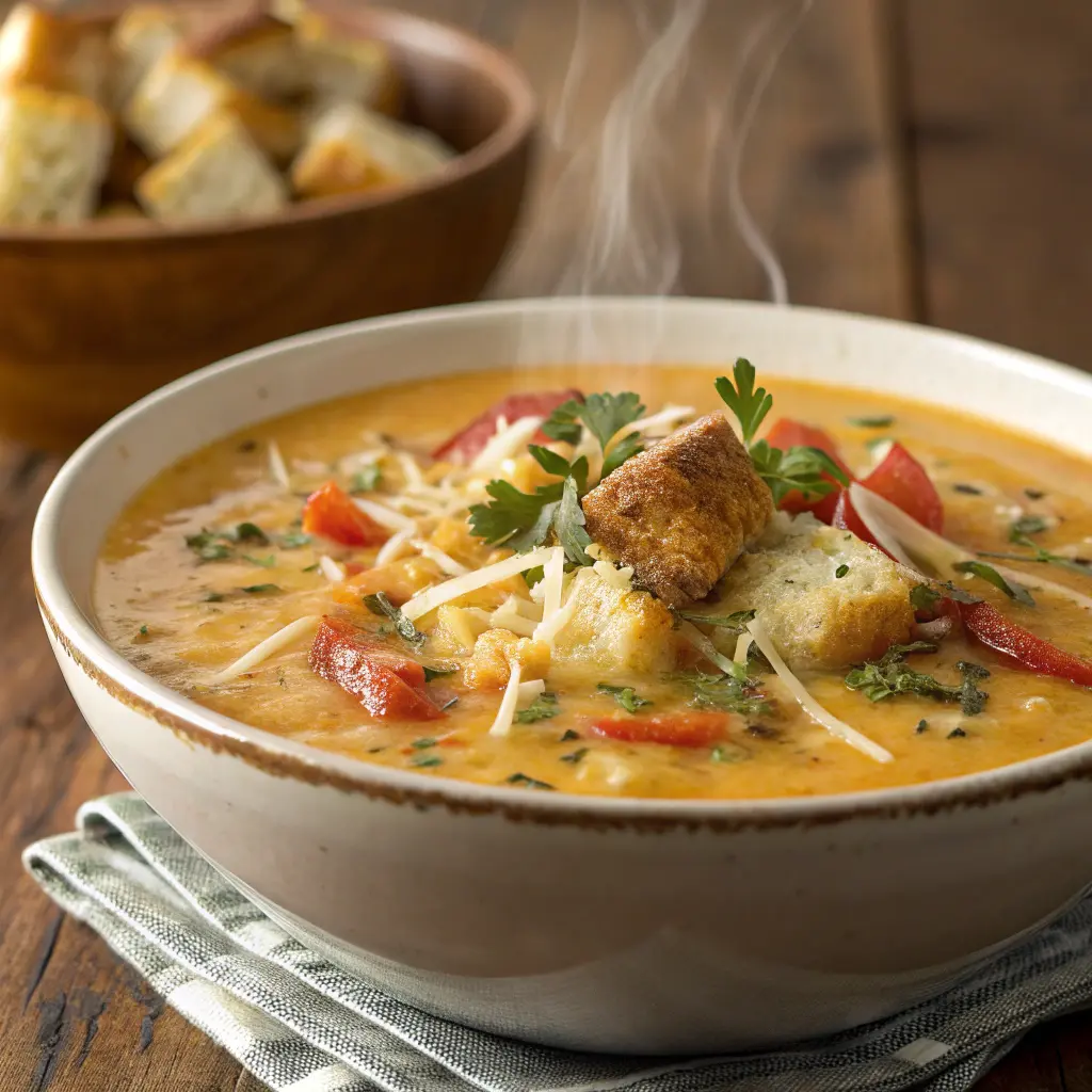 Banana Pepper Stuffed Soup Bowl with melty mozzarella in a toasted bread bowl