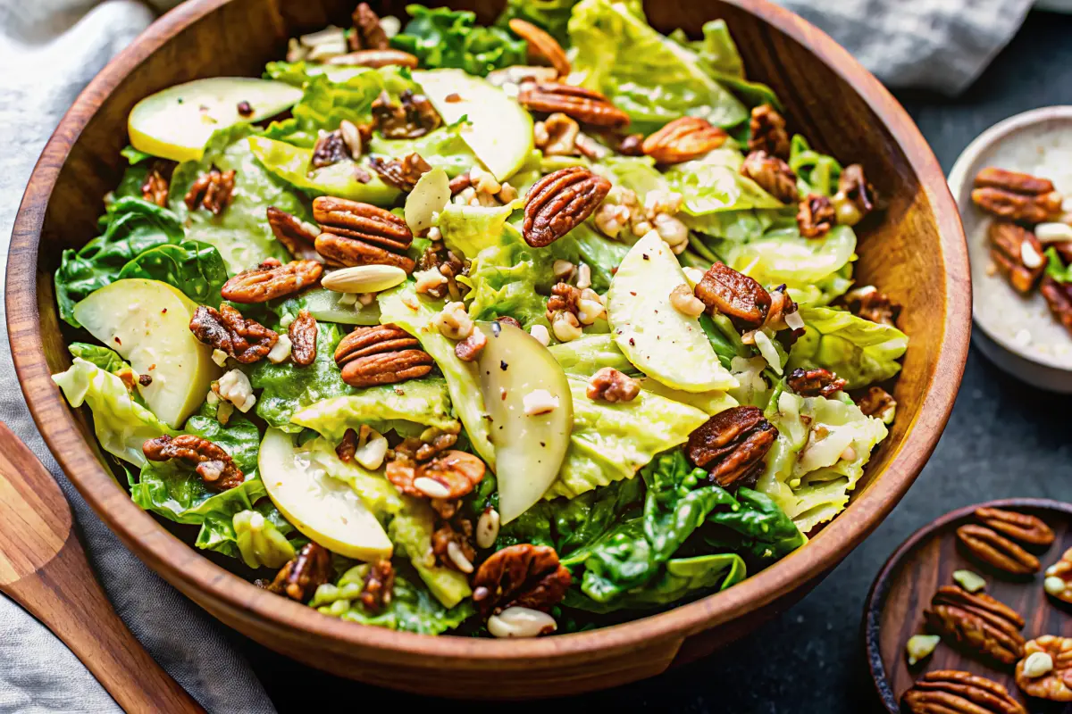 Brussels sprout salad with pears and pecans in maple-Dijon vinaigrette