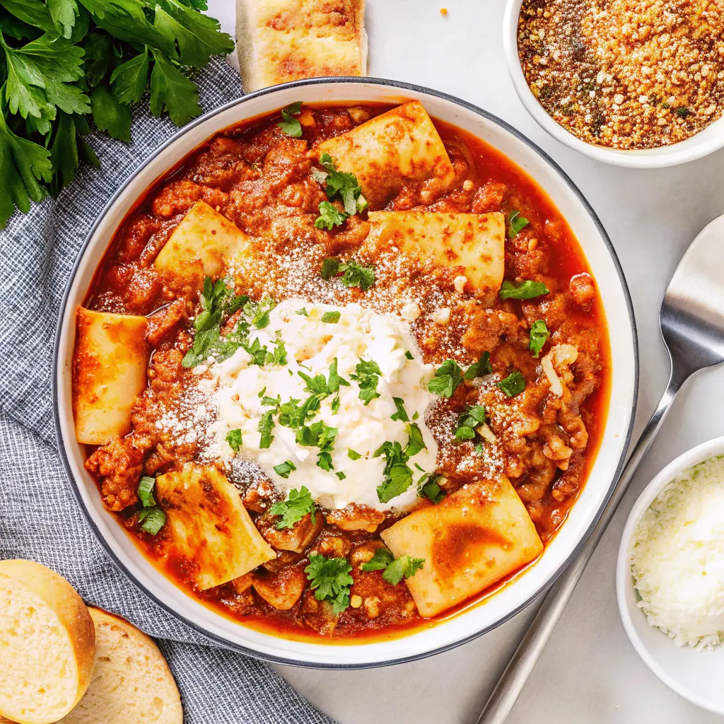 Crockpot lasagna soup in a bowl with a ricotta dollop and fresh basil