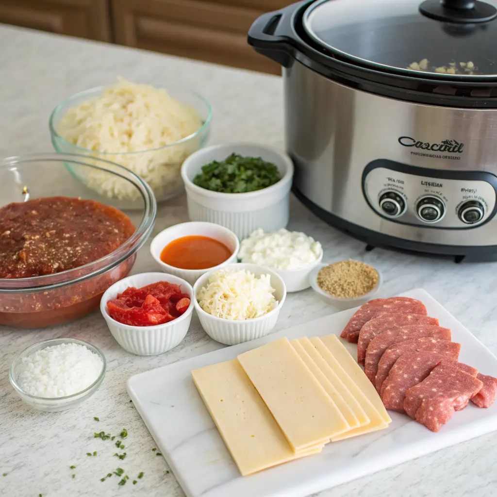 Crockpot lasagna soup in a bowl with a ricotta dollop and fresh basil