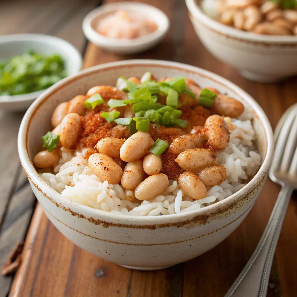 Cajun white beans and rice recipe with smoky andouille in a bowl