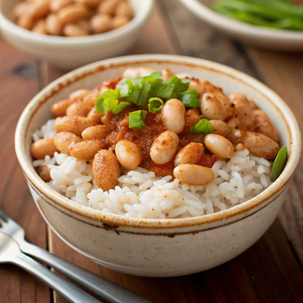Cajun white beans and rice recipe with smoky andouille in a bowl