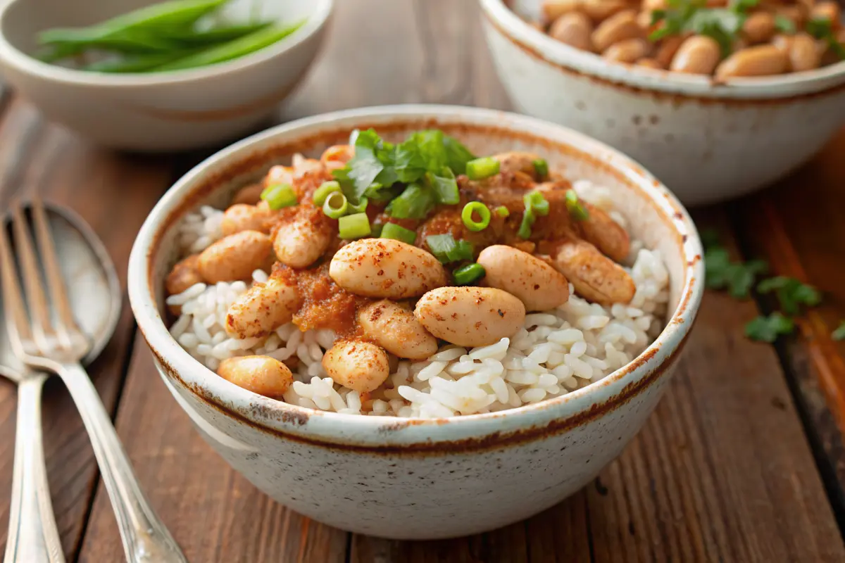 Cajun white beans and rice recipe with smoky andouille in a bowl