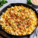 Cheesy skillet scalloped corn with golden crumb topping in cast-iron