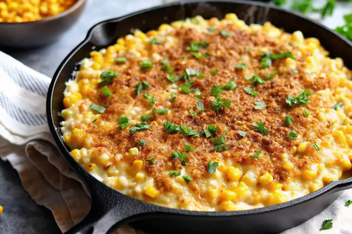 Cheesy skillet scalloped corn with golden crumb topping in cast-iron