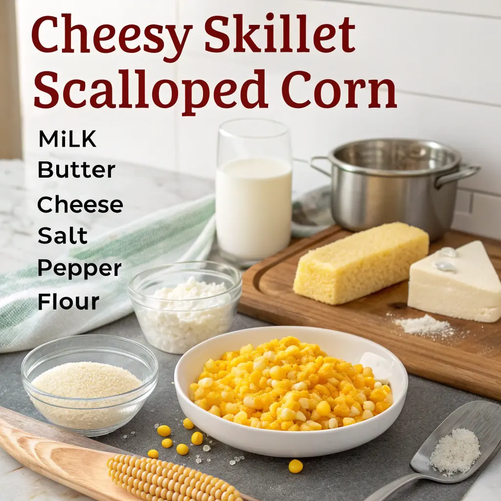 Cheesy skillet scalloped corn with golden crumb topping in cast-iron