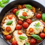 Chicken Caprese Skillet Recipe with melted mozzarella, basil, and blistered cherry tomatoes in a glossy balsamic glaze