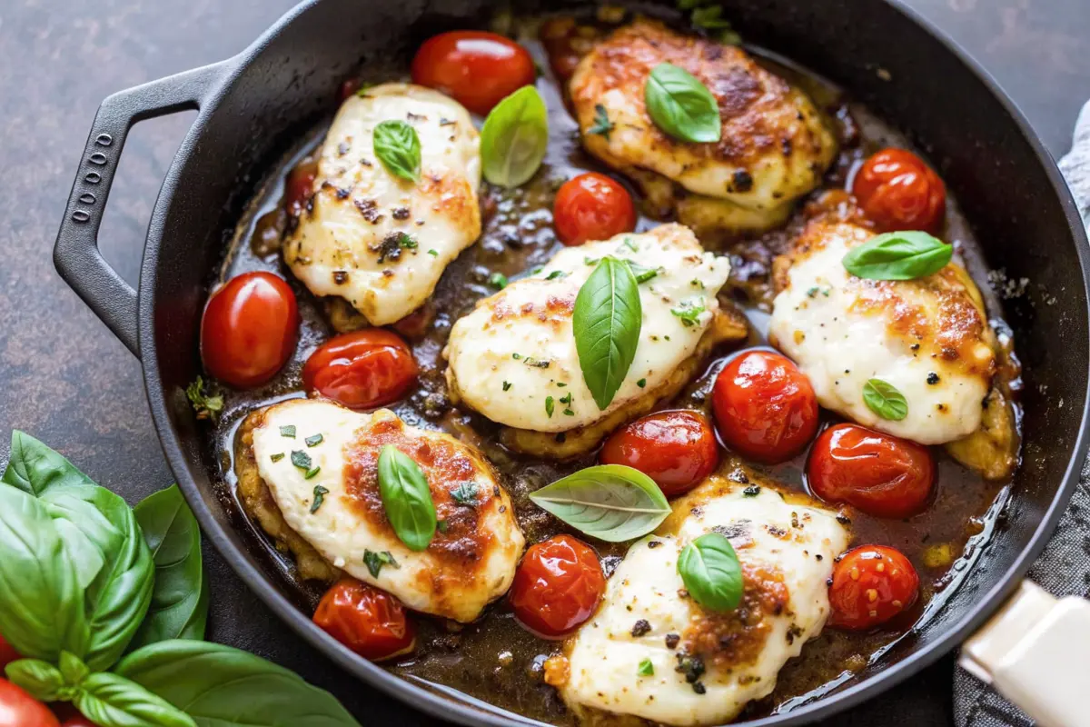 Chicken Caprese Skillet Recipe with melted mozzarella, basil, and blistered cherry tomatoes in a glossy balsamic glaze