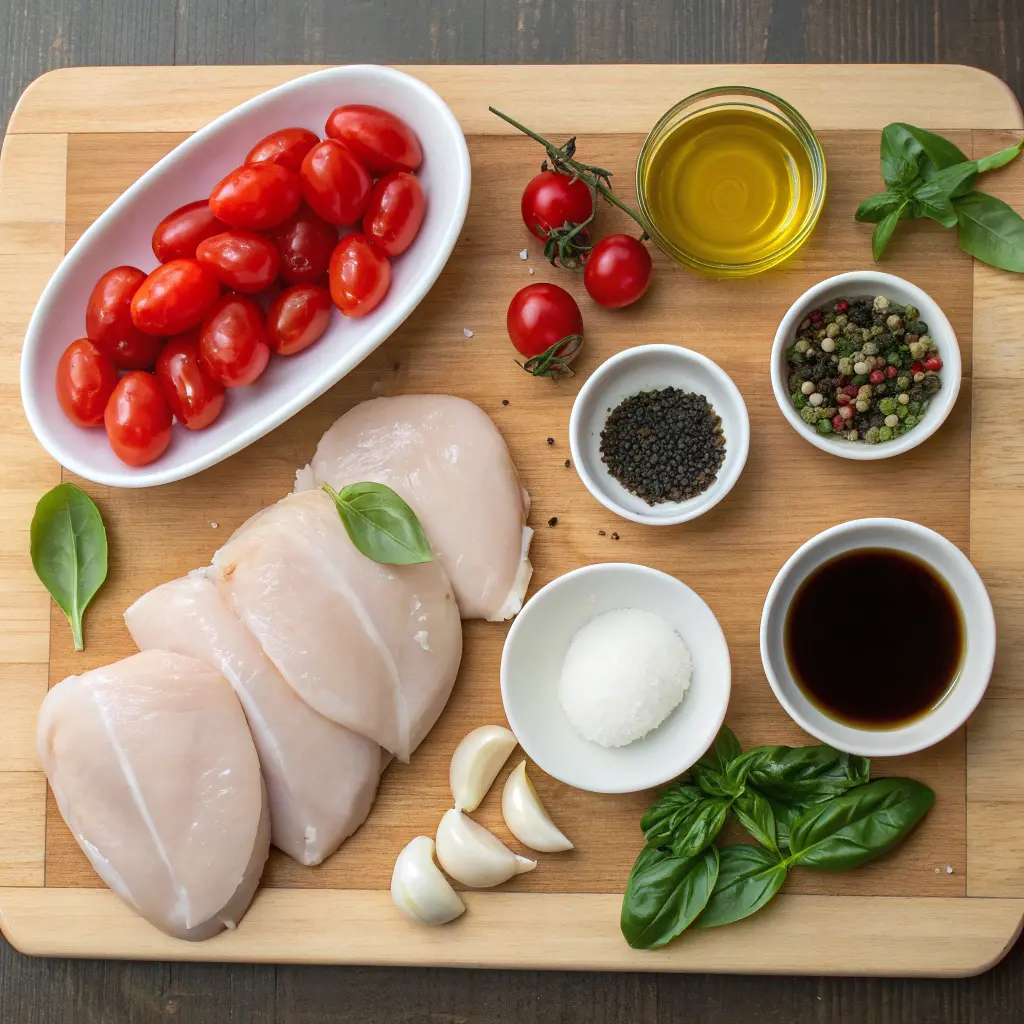 Chicken Caprese Skillet Recipe with melted mozzarella, basil, and blistered cherry tomatoes in a glossy balsamic glaze