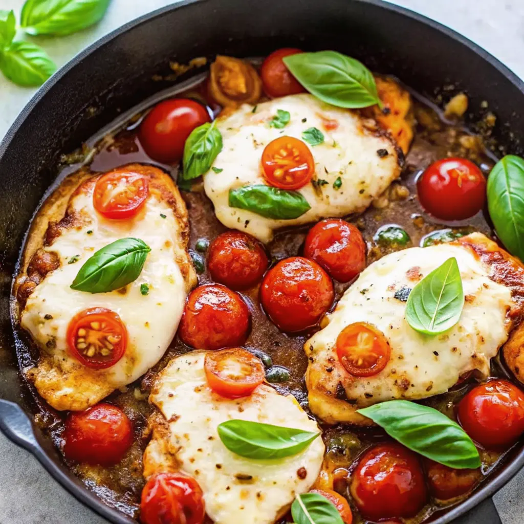 Chicken Caprese Skillet Recipe with melted mozzarella, basil, and blistered cherry tomatoes in a glossy balsamic glaze